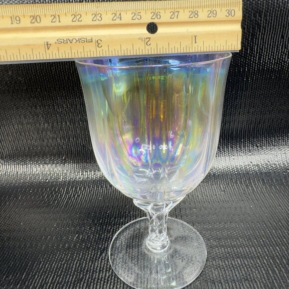 Vintage Iridescent Glass Footed Glasses Cups Drinking Goblets Twisted Stem Set 2 - Picture 3 of 11